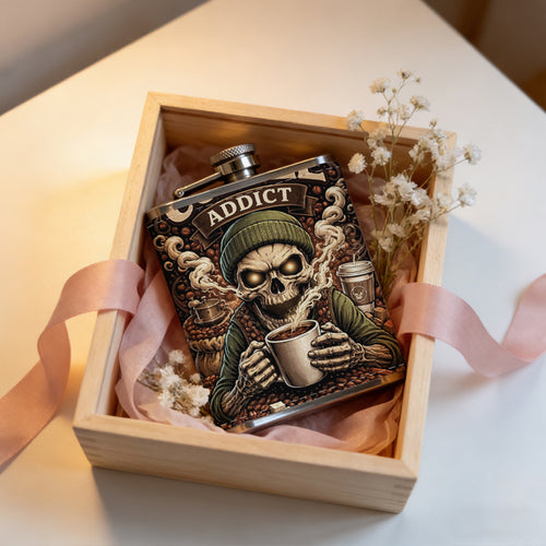A skeleton drinking coffee poster One 8oz Flask – Carries Whiskey, Wine & Juice, Portable Outdoor Gift for Friends