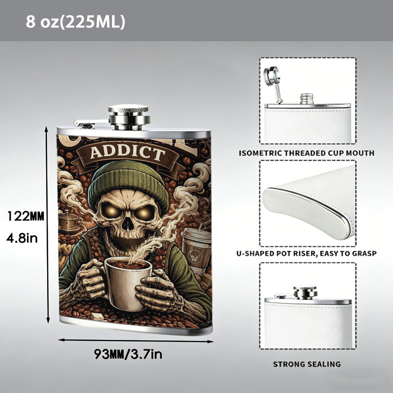 A skeleton drinking coffee poster One 8oz Flask – Carries Whiskey, Wine & Juice, Portable Outdoor Gift for Friends