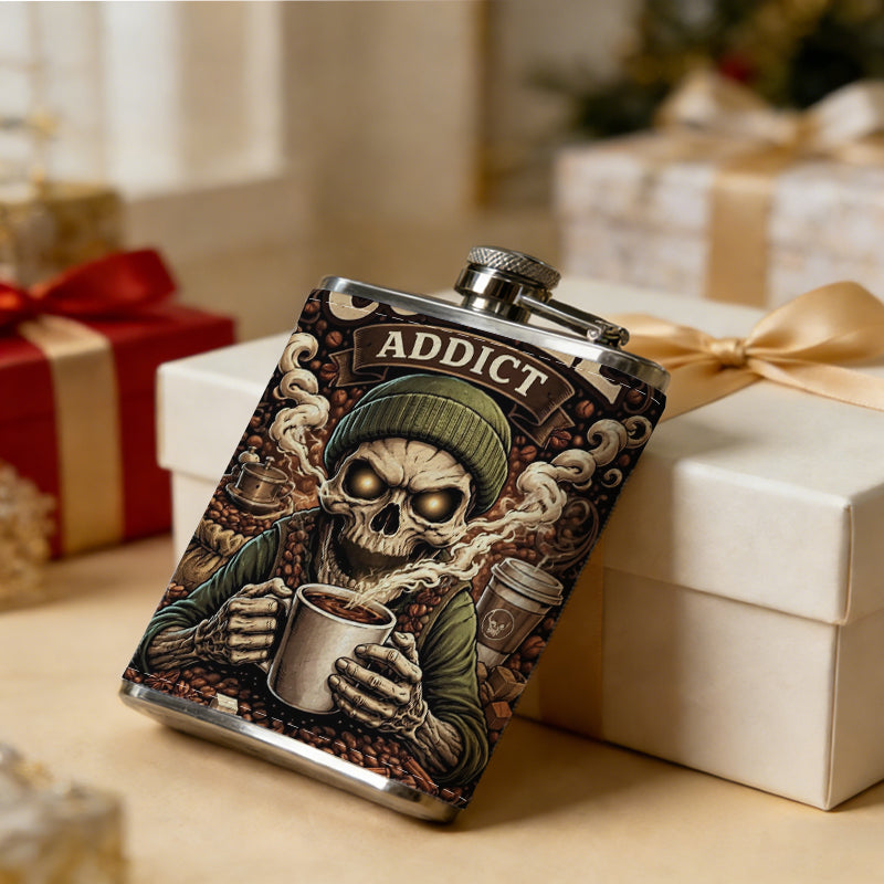 A skeleton drinking coffee poster One 8oz Flask – Carries Whiskey, Wine & Juice, Portable Outdoor Gift for Friends