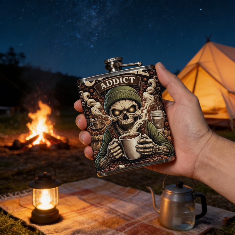 A skeleton drinking coffee poster One 8oz Flask – Carries Whiskey, Wine & Juice, Portable Outdoor Gift for Friends
