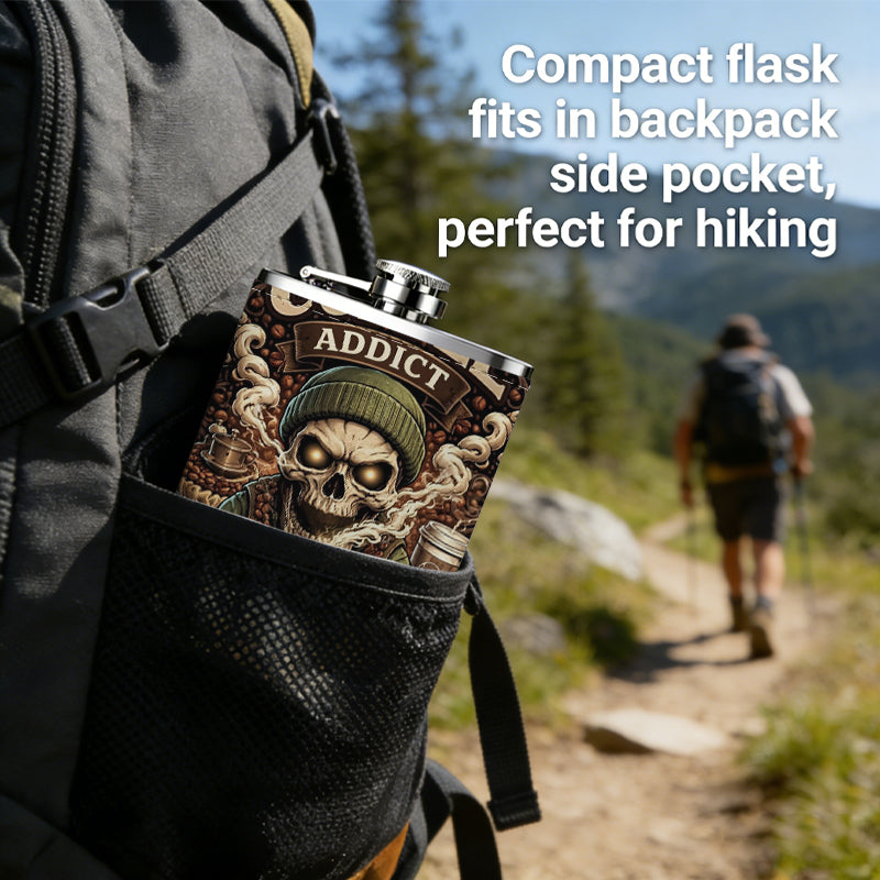 A skeleton drinking coffee poster One 8oz Flask – Carries Whiskey, Wine & Juice, Portable Outdoor Gift for Friends