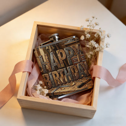 Wooden "Happy Birthday" on workbench One 8oz Flask – Carries Whiskey, Wine & Juice, Portable Outdoor Gift for Friends