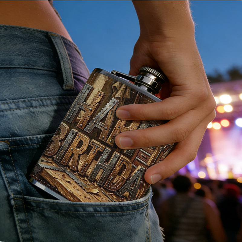 Wooden "Happy Birthday" on workbench One 8oz Flask – Carries Whiskey, Wine & Juice, Portable Outdoor Gift for Friends