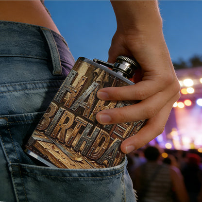 Wooden "Happy Birthday" on workbench One 8oz Flask – Carries Whiskey, Wine & Juice, Portable Outdoor Gift for Friends