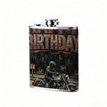 Motorcyclist and happy birthday text One 8oz Flask – Carries Whiskey, Wine & Juice, Portable Outdoor Gift for Friends
