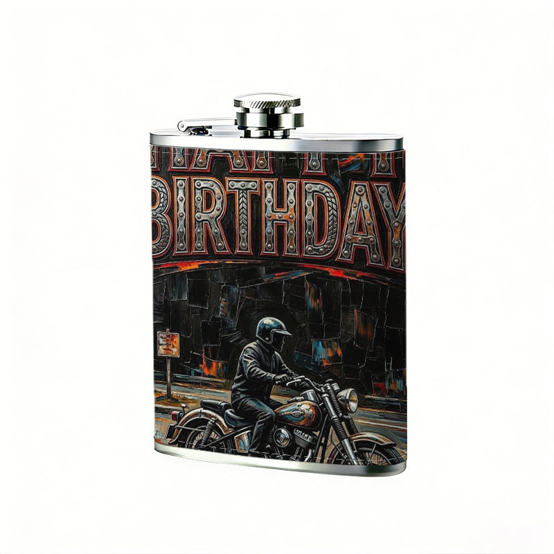 Motorcyclist and happy birthday text One 8oz Flask – Carries Whiskey, Wine & Juice, Portable Outdoor Gift for Friends
