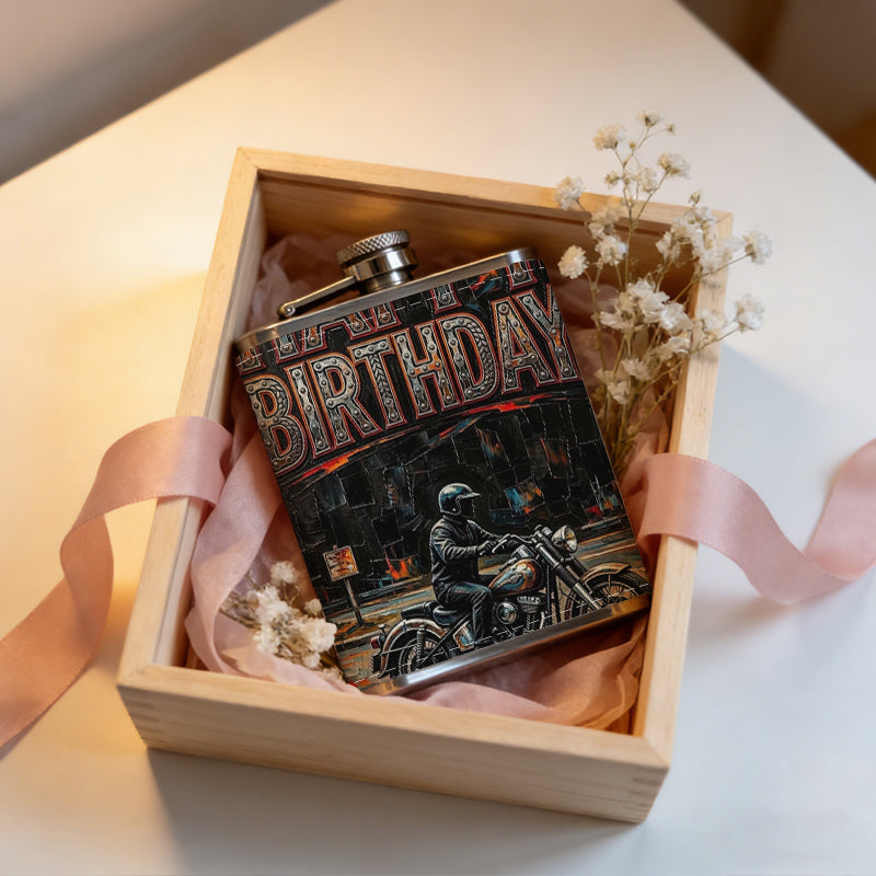 Motorcyclist and happy birthday text One 8oz Flask – Carries Whiskey, Wine & Juice, Portable Outdoor Gift for Friends