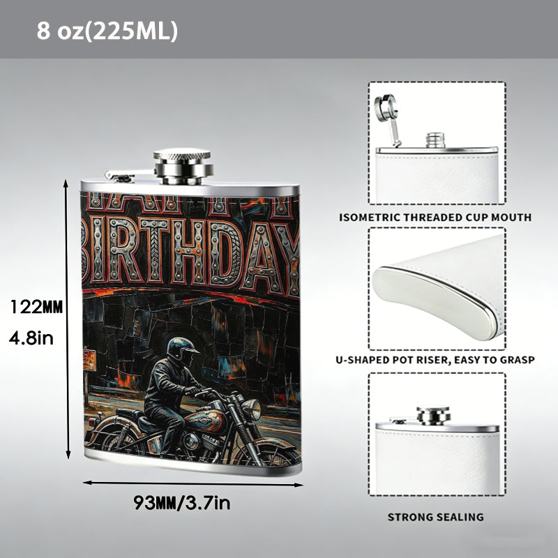 Motorcyclist and happy birthday text One 8oz Flask – Carries Whiskey, Wine & Juice, Portable Outdoor Gift for Friends