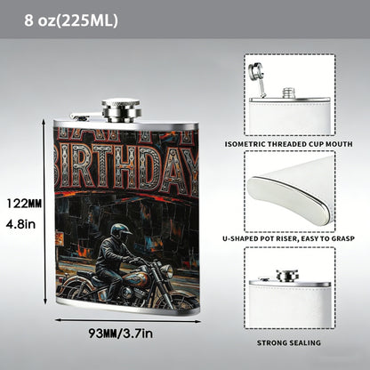 Motorcyclist and happy birthday text One 8oz Flask – Carries Whiskey, Wine & Juice, Portable Outdoor Gift for Friends