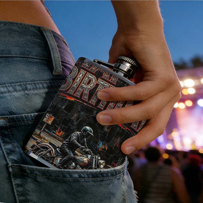 Motorcyclist and happy birthday text One 8oz Flask – Carries Whiskey, Wine & Juice, Portable Outdoor Gift for Friends