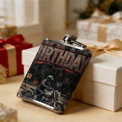 Motorcyclist and happy birthday text One 8oz Flask – Carries Whiskey, Wine & Juice, Portable Outdoor Gift for Friends