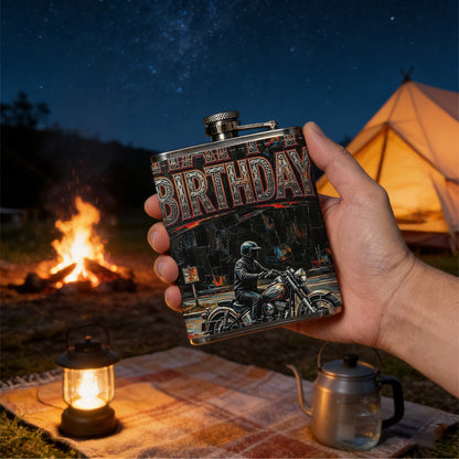 Motorcyclist and happy birthday text One 8oz Flask – Carries Whiskey, Wine & Juice, Portable Outdoor Gift for Friends