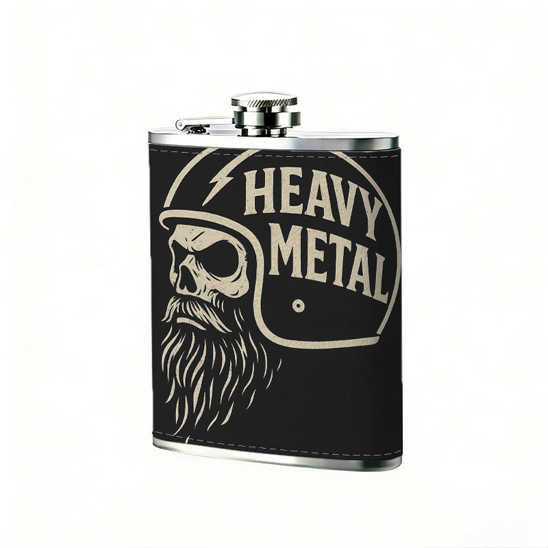 Helmeted skull with beard and text One 8oz Flask – Carries Whiskey, Wine & Juice, Portable Outdoor Gift for Friends