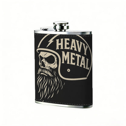 Helmeted skull with beard and text One 8oz Flask – Carries Whiskey, Wine & Juice, Portable Outdoor Gift for Friends
