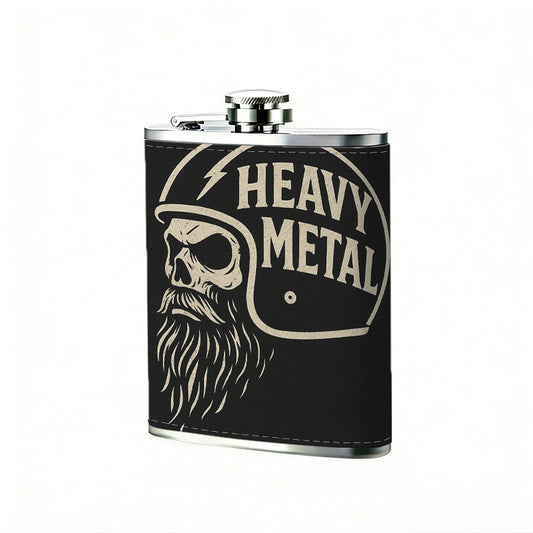 Helmeted skull with beard and text One 8oz Flask – Carries Whiskey, Wine & Juice, Portable Outdoor Gift for Friends