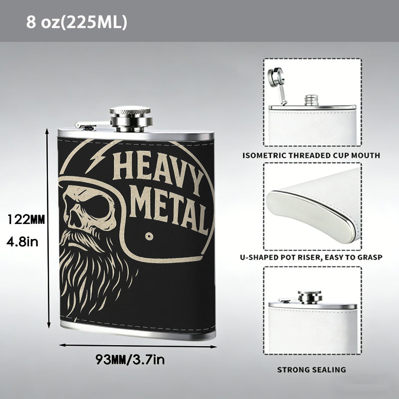Helmeted skull with beard and text One 8oz Flask – Carries Whiskey, Wine & Juice, Portable Outdoor Gift for Friends