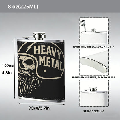 Helmeted skull with beard and text One 8oz Flask – Carries Whiskey, Wine & Juice, Portable Outdoor Gift for Friends