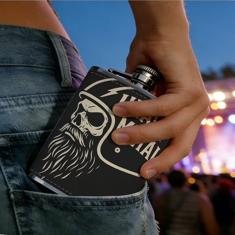 Helmeted skull with beard and text One 8oz Flask – Carries Whiskey, Wine & Juice, Portable Outdoor Gift for Friends