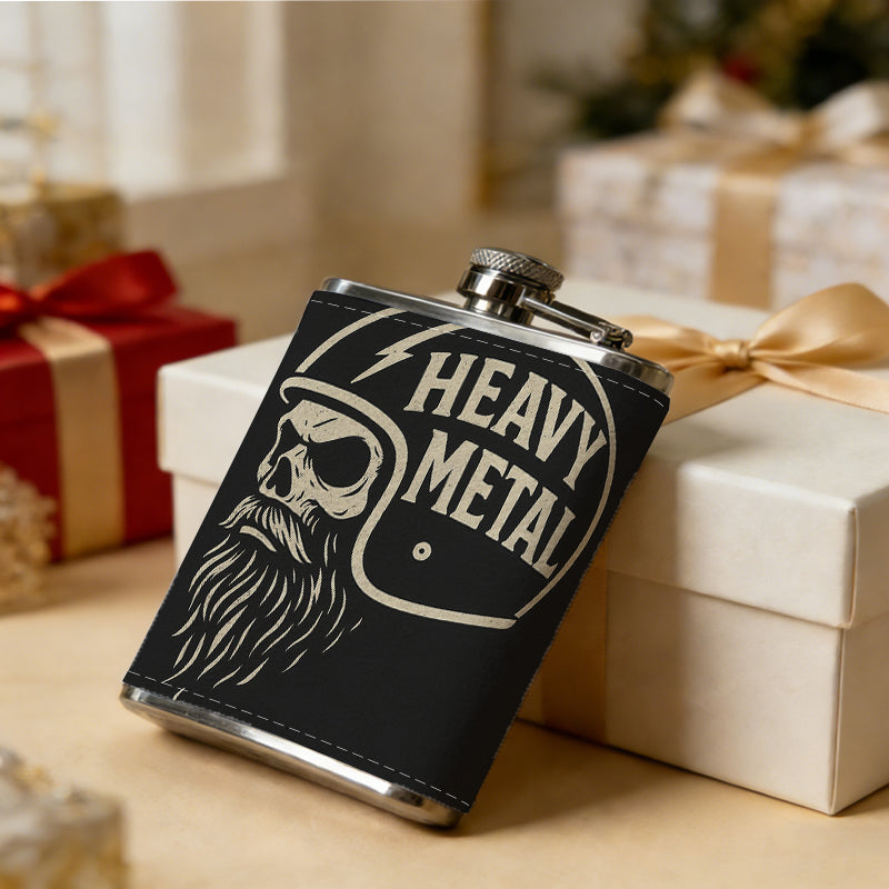 Helmeted skull with beard and text One 8oz Flask – Carries Whiskey, Wine & Juice, Portable Outdoor Gift for Friends