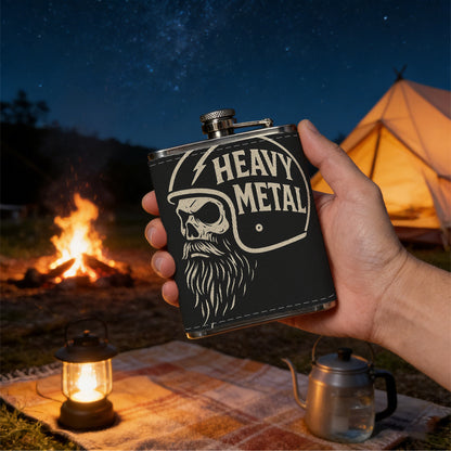 Helmeted skull with beard and text One 8oz Flask – Carries Whiskey, Wine & Juice, Portable Outdoor Gift for Friends
