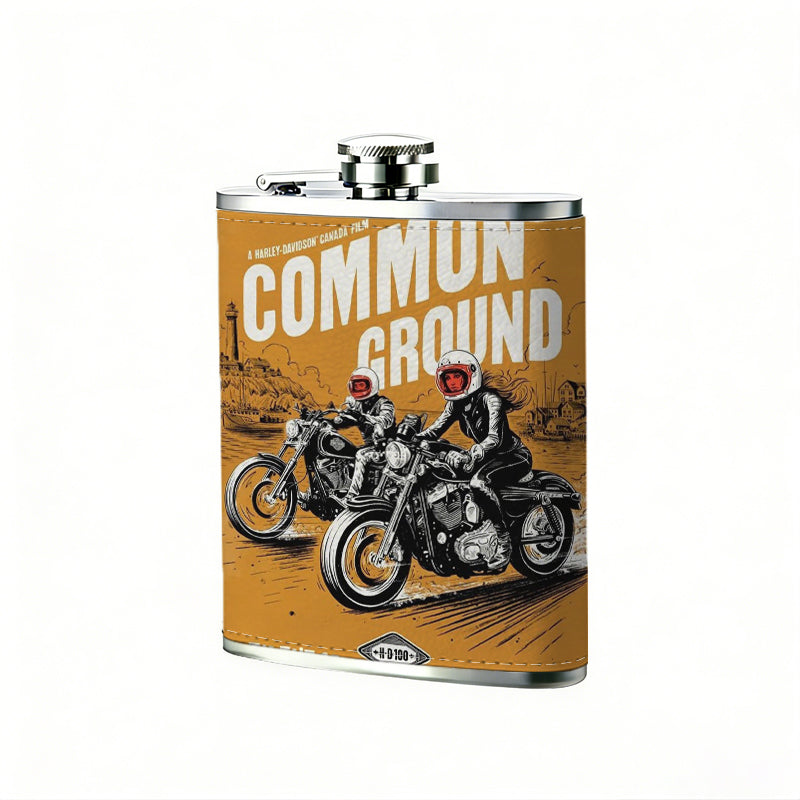 Two motorcyclists on an orange poster One 8oz Flask – Carries Whiskey, Wine & Juice, Portable Outdoor Gift for Friends