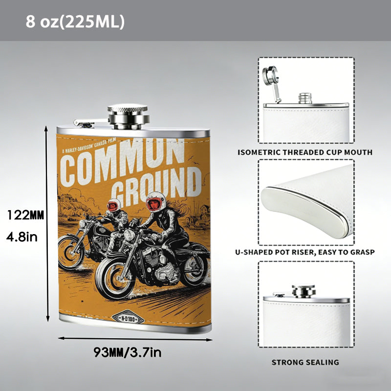 Two motorcyclists on an orange poster One 8oz Flask – Carries Whiskey, Wine & Juice, Portable Outdoor Gift for Friends