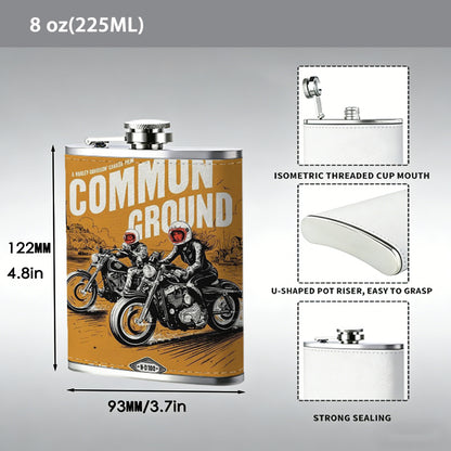 Two motorcyclists on an orange poster One 8oz Flask – Carries Whiskey, Wine & Juice, Portable Outdoor Gift for Friends