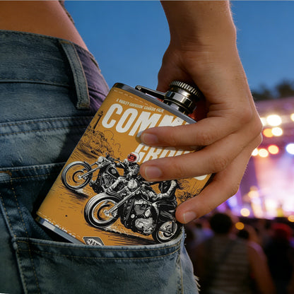 Two motorcyclists on an orange poster One 8oz Flask – Carries Whiskey, Wine & Juice, Portable Outdoor Gift for Friends