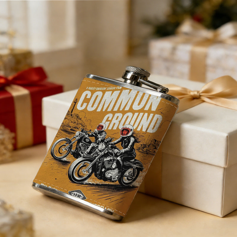 Two motorcyclists on an orange poster One 8oz Flask – Carries Whiskey, Wine & Juice, Portable Outdoor Gift for Friends