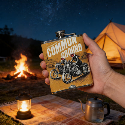 Two motorcyclists on an orange poster One 8oz Flask – Carries Whiskey, Wine & Juice, Portable Outdoor Gift for Friends