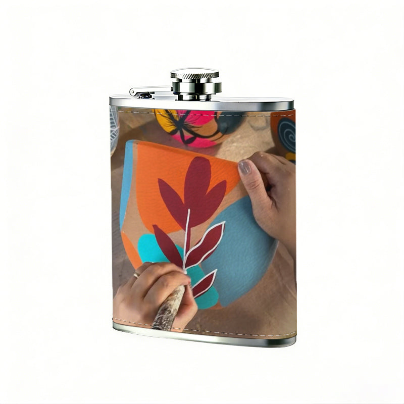 Colorful hand-drawn plants and mugs One 8oz Flask – Carries Whiskey, Wine & Juice, Portable Outdoor Gift for Friends