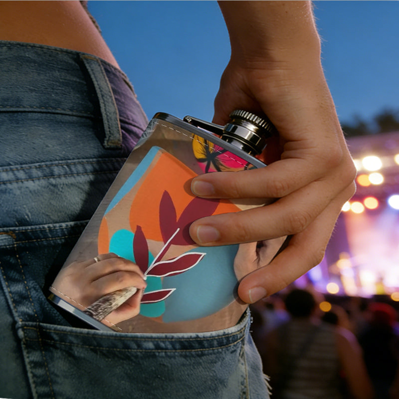 Colorful hand-drawn plants and mugs One 8oz Flask – Carries Whiskey, Wine & Juice, Portable Outdoor Gift for Friends