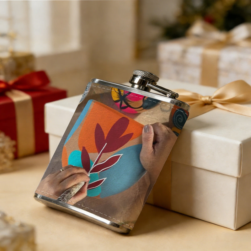 Colorful hand-drawn plants and mugs One 8oz Flask – Carries Whiskey, Wine & Juice, Portable Outdoor Gift for Friends