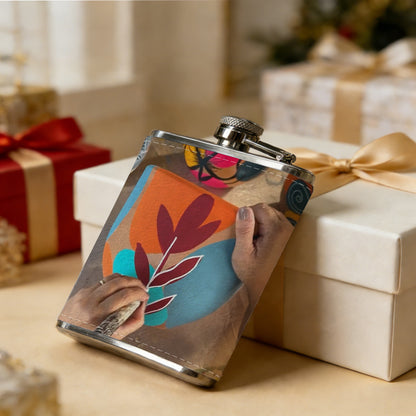 Colorful hand-drawn plants and mugs One 8oz Flask – Carries Whiskey, Wine & Juice, Portable Outdoor Gift for Friends