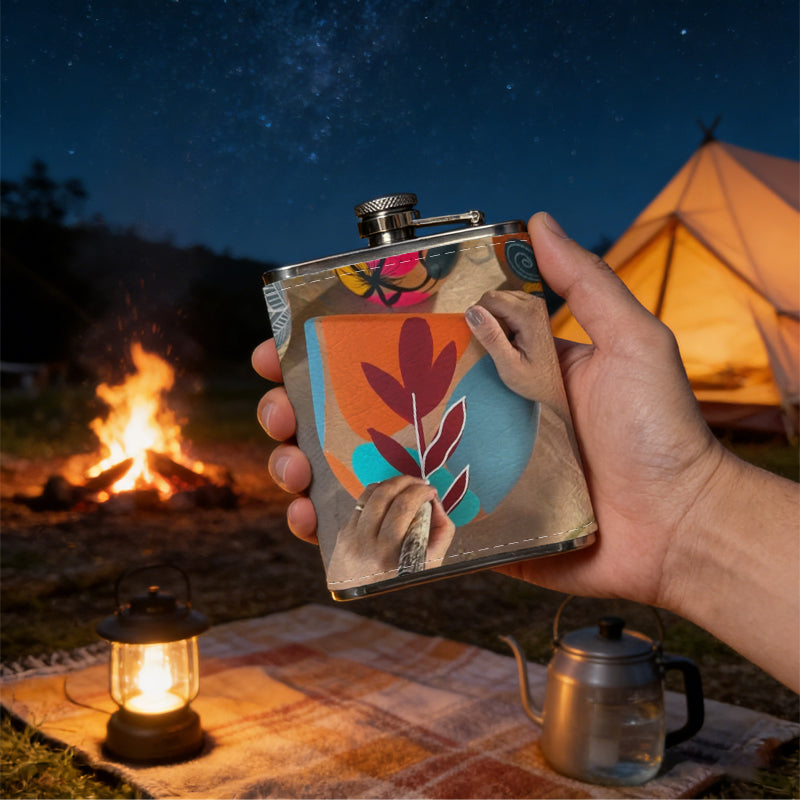 Colorful hand-drawn plants and mugs One 8oz Flask – Carries Whiskey, Wine & Juice, Portable Outdoor Gift for Friends