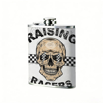 Raising Racers skull graphic One 8oz Flask – Carries Whiskey, Wine & Juice, Portable Outdoor Gift for Friends