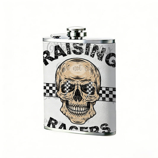 Raising Racers skull graphic One 8oz Flask – Carries Whiskey, Wine & Juice, Portable Outdoor Gift for Friends