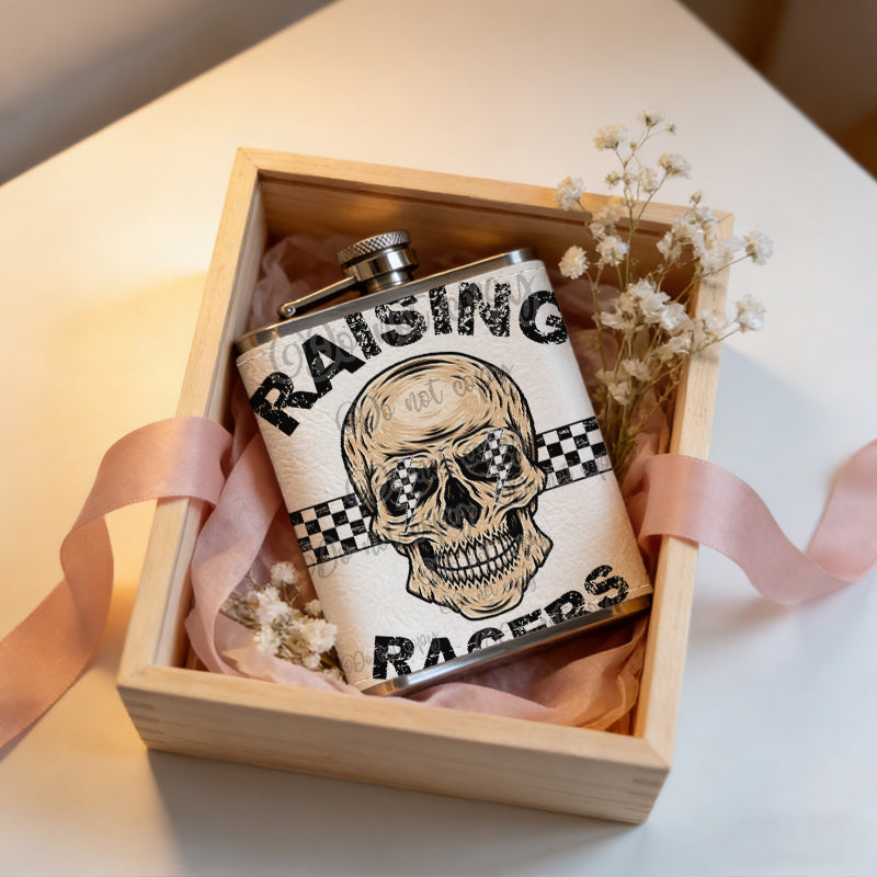 Raising Racers skull graphic One 8oz Flask – Carries Whiskey, Wine & Juice, Portable Outdoor Gift for Friends
