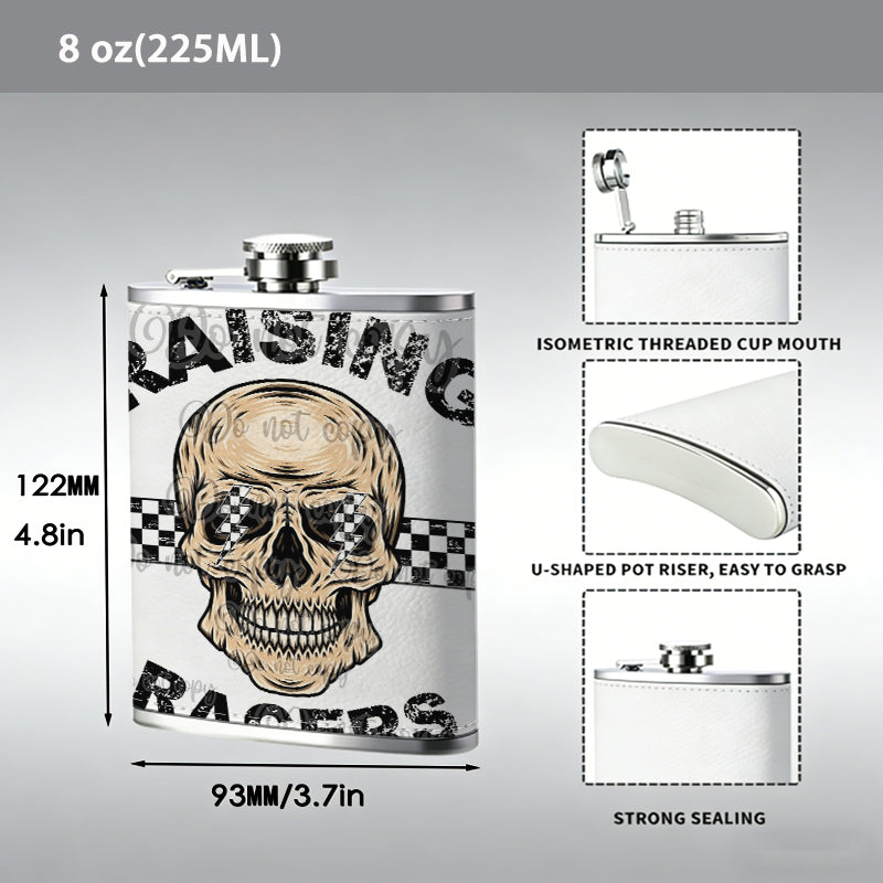 Raising Racers skull graphic One 8oz Flask – Carries Whiskey, Wine & Juice, Portable Outdoor Gift for Friends