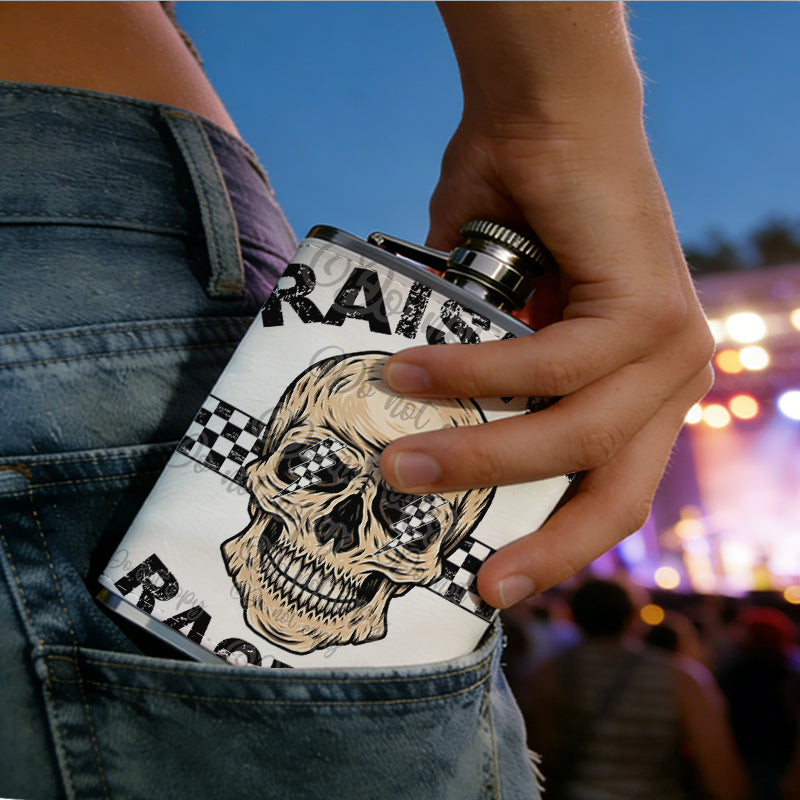 Raising Racers skull graphic One 8oz Flask – Carries Whiskey, Wine & Juice, Portable Outdoor Gift for Friends