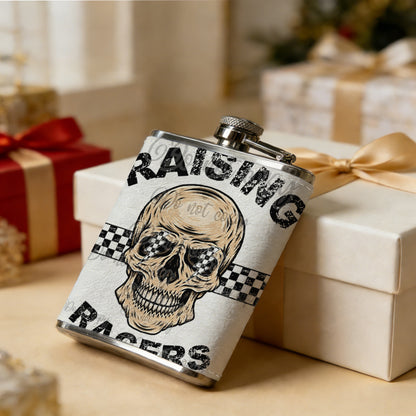 Raising Racers skull graphic One 8oz Flask – Carries Whiskey, Wine & Juice, Portable Outdoor Gift for Friends