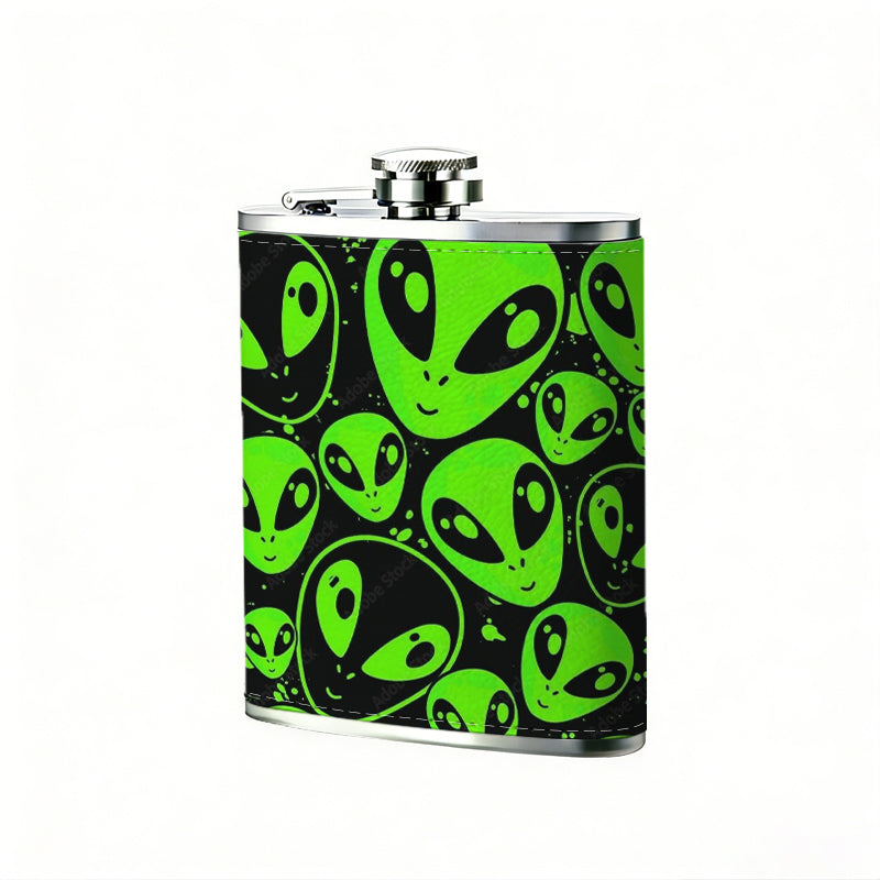 Green alien heads pattern One 8oz Flask – Carries Whiskey, Wine & Juice, Portable Outdoor Gift for Friends
