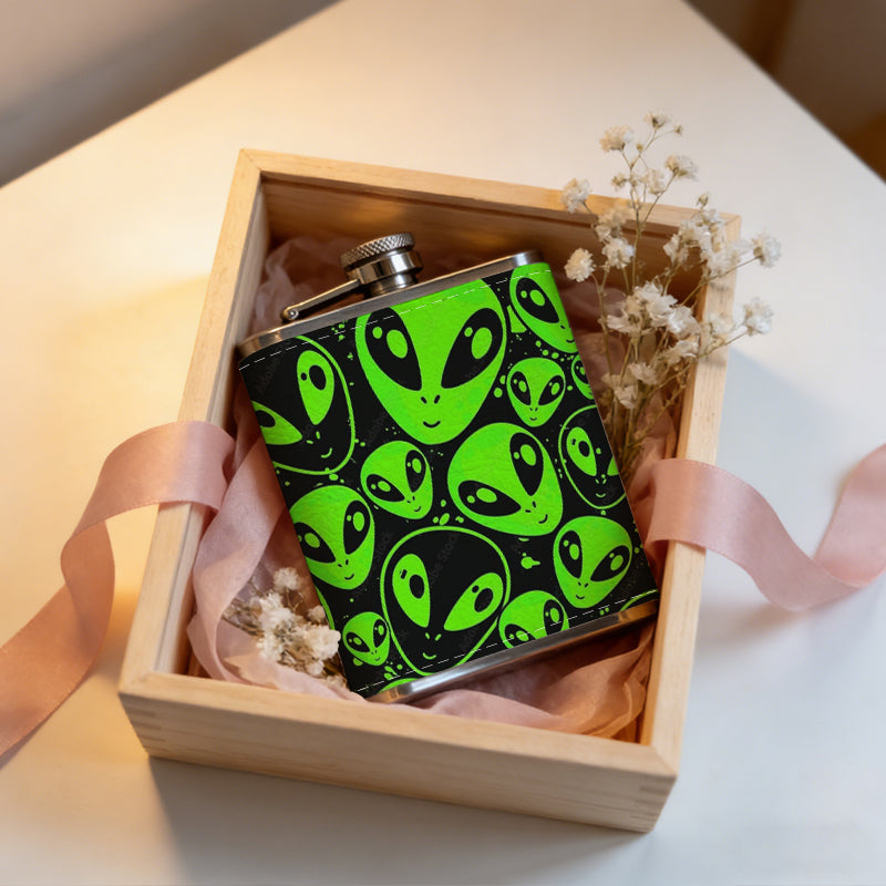 Green alien heads pattern One 8oz Flask – Carries Whiskey, Wine & Juice, Portable Outdoor Gift for Friends
