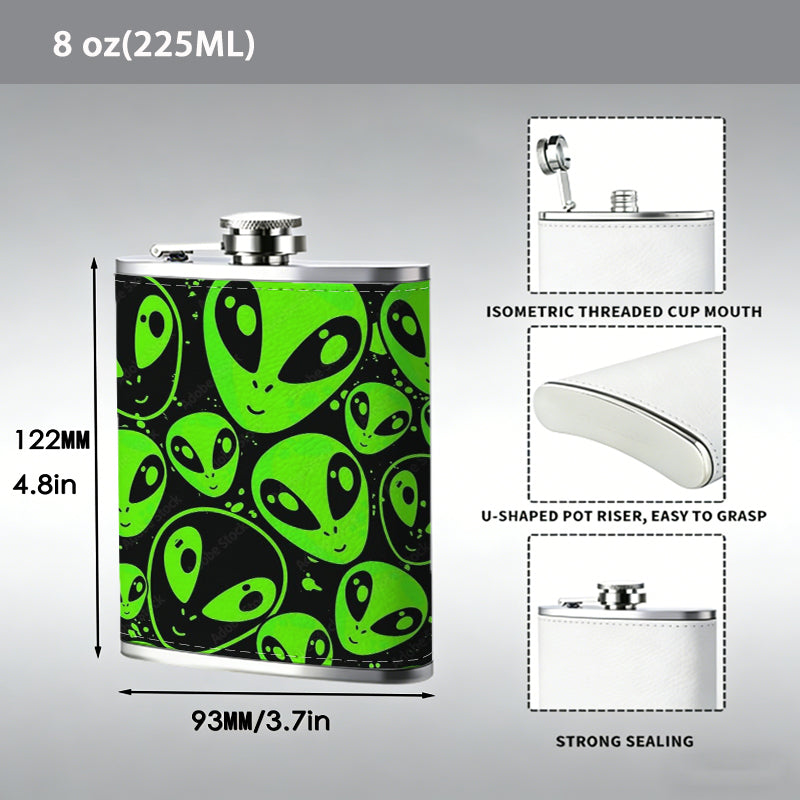 Green alien heads pattern One 8oz Flask – Carries Whiskey, Wine & Juice, Portable Outdoor Gift for Friends