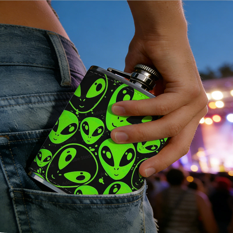 Green alien heads pattern One 8oz Flask – Carries Whiskey, Wine & Juice, Portable Outdoor Gift for Friends