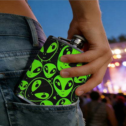 Green alien heads pattern One 8oz Flask – Carries Whiskey, Wine & Juice, Portable Outdoor Gift for Friends
