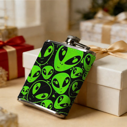 Green alien heads pattern One 8oz Flask – Carries Whiskey, Wine & Juice, Portable Outdoor Gift for Friends