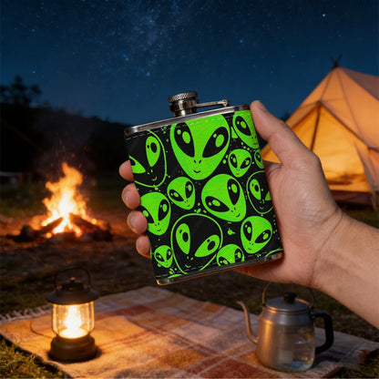 Green alien heads pattern One 8oz Flask – Carries Whiskey, Wine & Juice, Portable Outdoor Gift for Friends