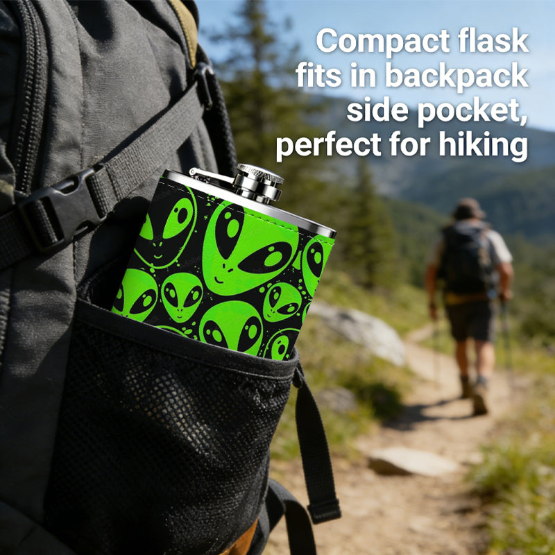 Green alien heads pattern One 8oz Flask – Carries Whiskey, Wine & Juice, Portable Outdoor Gift for Friends