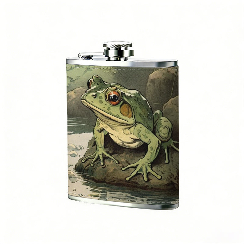 Two green frogs on stone by water One 8oz Flask – Carries Whiskey, Wine & Juice, Portable Outdoor Gift for Friends
